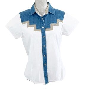 Women's White Button-Down Shirt with Blue Yoke and Tan Trim